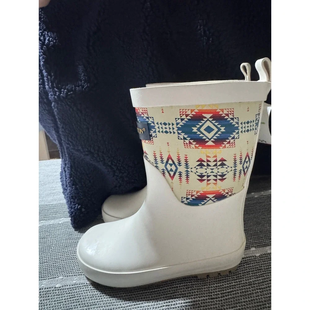 Pendleton Kids Rain Boots Western Navajo Print White Rubber Size‎ 7 8